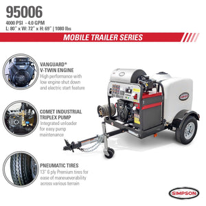 Simpson 4000 PSI at 4.0 GPM VANGUARD V-Twin with COMET Triplex Plunger Pump Hot Water Professional Gas Pressure Washer Trailer 95006