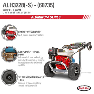 Simpson ALH3228-S Aluminum ALH3228-S 3400 PSI at 2.5 GPM HONDA GX200 with CAT Triplex Plunger Pump Cold Water Professional Gas Pressure Washer 60735