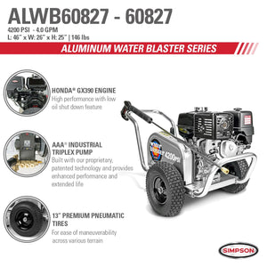 Simpson ALWB60827 Aluminum Water Blaster ALWB60827 4200 PSI at 4.0 GPM HONDA GX390 Cold Water Belt Drive Gas Pressure Washer 60827