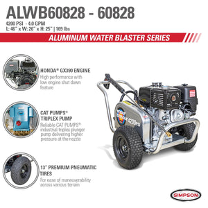 Simpson ALWB60828 Aluminum Water Blaster ALWB60828 4200 PSI at 4.0 GPM HONDA GX390  Cold Water Belt Drive Gas Pressure Washer 60828