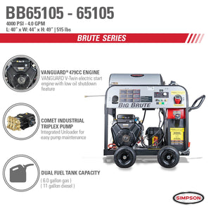 Simpson BB65105 Big Brute BB65105 4000 PSI at 4.0 GPM VANGUARD V-Twin Hot Water Direct Gas Pressure Washer  65105