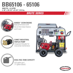 Simpson BB65106 Big Brute BB65106 4000 PSI at 4.0 GPM HONDA GX390 Hot Water Belt Professional Gas Pressure Washer 65106
