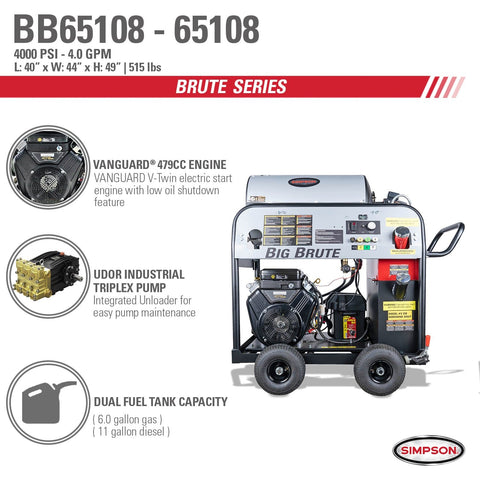 Image of Simpson BB65108 Big Brute BB65108 4000 PSI at 4.0 GPM VANGUARD V-Twin Gear Box Hot Water Professional Gas Pressure Washer 65108