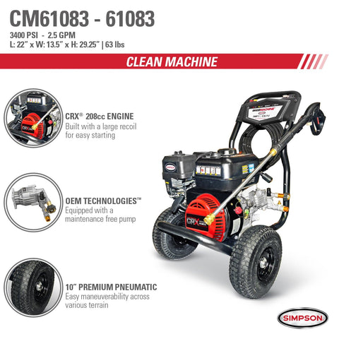 Image of SIMPSON CM61083 Clean Machine CM61083 3400 PSI at 2.5 GPM SIMPSON 212cc Cold Water Residential Gas Pressure Washer 61083