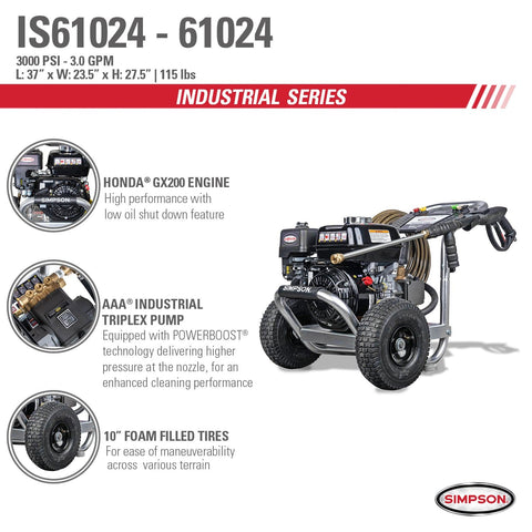 Image of Simpson IR61024 Industrial Series IR61024 3000 PSI at 3.0 GPM HONDA GX200 Cold Water Gas Pressure Washer 61024