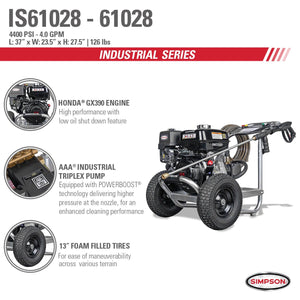 Simpson IR61028 industrial Series IR61028 4400 PSI at 4.0 GPM HONDA GX390 Cold Water Gas Pressure Washer 61028