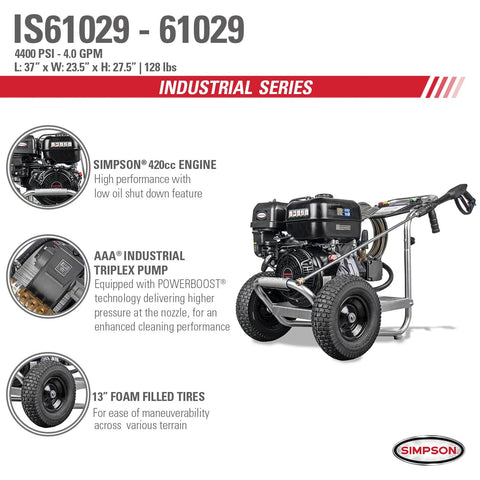 Image of Simpson IR61029 Industrial Series IR61029 4400 PSI at 4.0 GPM SIMPSON 420cc Cold Water Gas Pressure Washer 61029