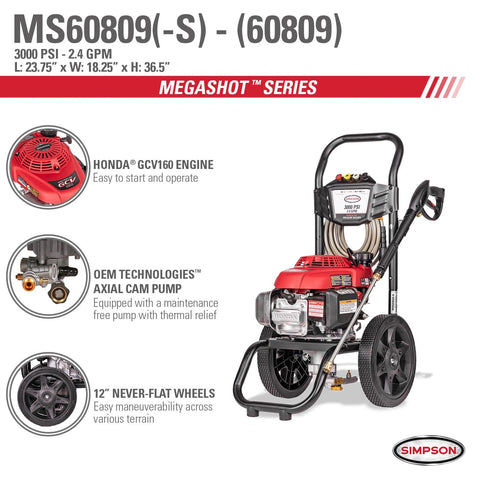 Image of SIMPSON MS60809-S MegaShot MS60809-S 3000 PSI at 2.4 GPM HONDA GCV160 Cold Water Gas Pressure Washer 60809