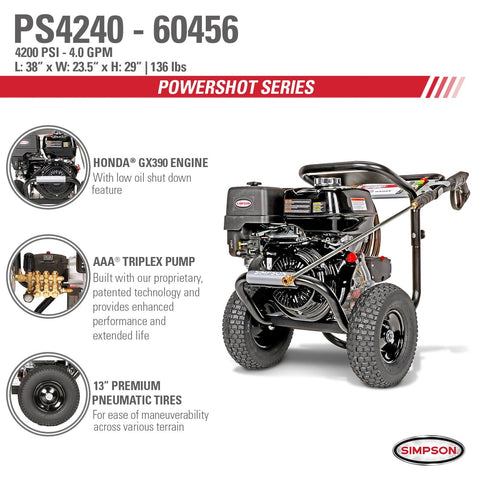Image of SIMPSON PS4240 PowerShot PS4240 4200 PSI at 4.0 GPM HONDA GX390 Cold Water Gas Pressure Washer 60456