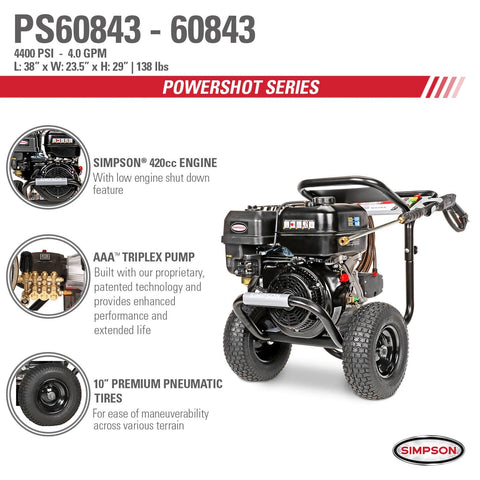 Image of SIMPSON PowerShot PS60843 4400 PSI at 4.0 GPM SIMPSON 420cc Cold Water Gas Pressure Washer 60843