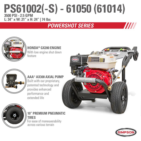 Image of SIMPSON PS61002 PowerShot PS61002 3500 PSI at 2.5 GPM HONDA GX200 Cold Water Gas Pressure Washer 61014