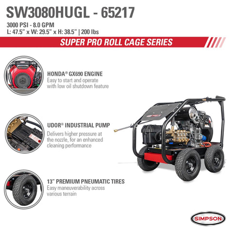 Image of Simpson SW3080HUGL Super Pro Roll-Cage SW3080HUGL 3000 PSI at 8.0 GPM HONDA GX690 Cold Water Gear Drive Gas Pressure Washer 65217
