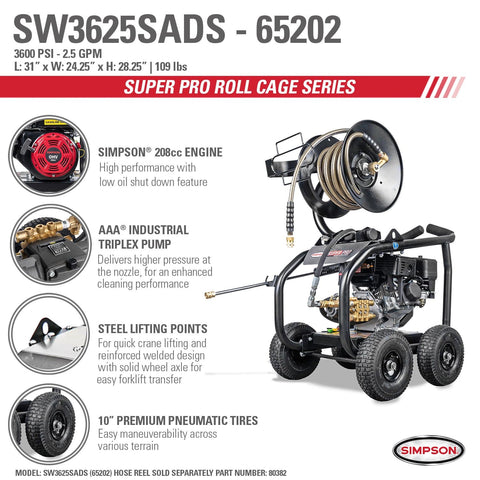 Image of Simpson SW3625SADS Super Pro Roll-Cage SW3625SADS 3600 PSI at 2.5 GPM SIMPSON GB210 Cold Water Gas Pressure Washer 65202