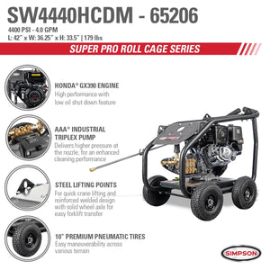 Simpson SW4440HCDM Super Pro Roll-Cage SW4440HCDM 4400 PSI at 4.0 GPM HONDA GX390 Cold Water Gas Pressure Washer 65206