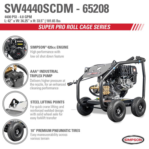 Image of Simpson SW4440SCDM Super Pro Roll-Cage SW4440SCDM 4400 PSI at 4.0 GPM SIMPSON 420 Cold Water Gas Pressure Washer 65208