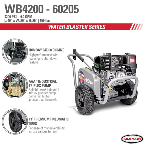Image of Simpson WB4200 Water Blaster WB4200 4200 PSI at 4.0 GPM HONDA GX390 Cold Water Belt Drive Gas Pressure Washer 60205