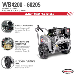 Simpson WB4200 Water Blaster WB4200 4200 PSI at 4.0 GPM HONDA GX390 Cold Water Belt Drive Gas Pressure Washer 60205